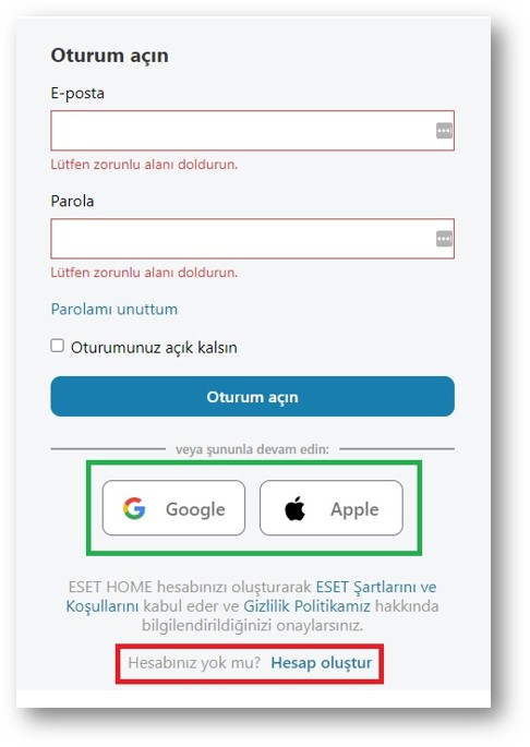 ESET HOME giriş ekranı; altta Google ve Apple ile giriş, en altta Hesap Oluştur bağlantısı