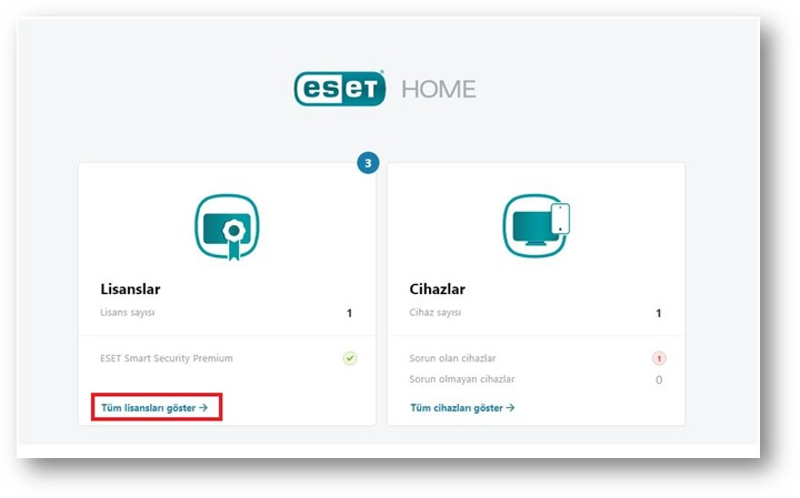 ESET HOME ana sayfasındaki Lisanslar bölümü ve