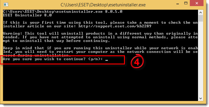 ESET Uninstaller komut penceresi, devam etmek için y yazılması isteniyor