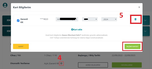 Otomatik Yenileme başlığının yanındaki çark simgesi ve kart bilgisinin sağındaki çöp kutusu simgesi