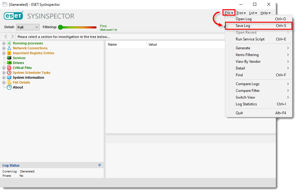 SysInspector ana penceresi ve File menüsündeki Save Log seçeneği