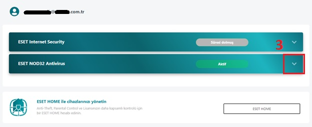 ESET mağaza profilinde kayıtlı lisansların listesi ve satırın sağındaki ok simgesi