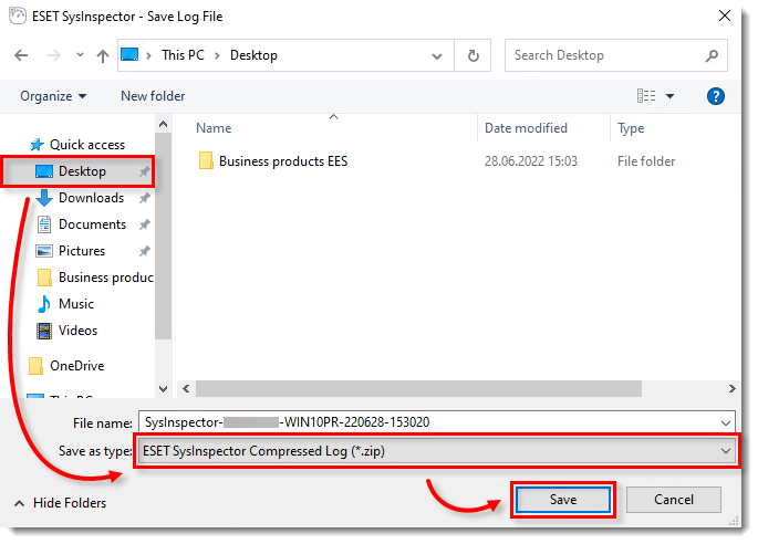 Kaydetme penceresi; Save as type alanında ESET SysInspector Compressed Log (*.zip) seçili
